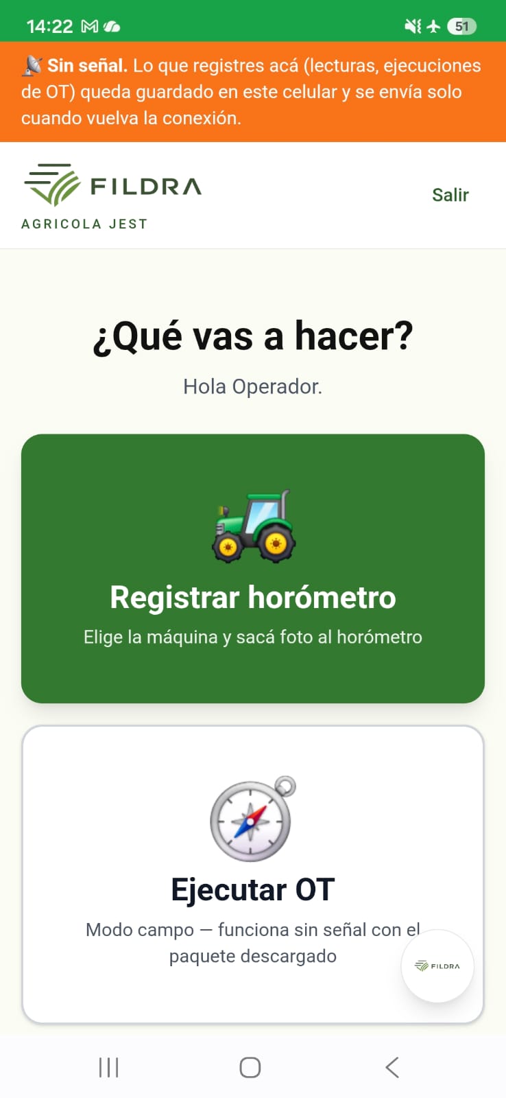 Modo campo de Fildra funcionando sin señal, con la opción de ejecutar una OT offline